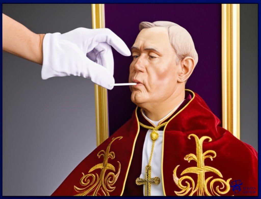 Un maniquí de ventrílocuo, vestido con una sotana papal, sentado en un trono. La mano del maniquí está sostenida por una mano visible, grande y con un guante blanco, moviendo la boca del maniquí. Representa: El Juicio del Cadaver del Papa Formoso (897 d.C. Roma)