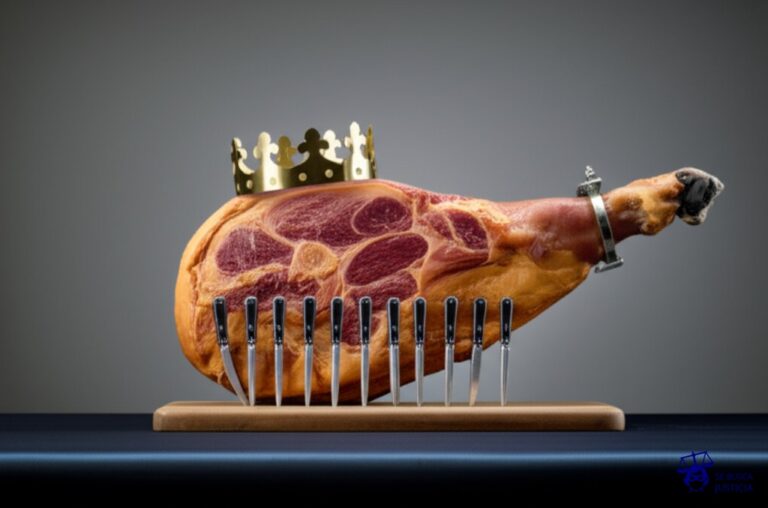 Un enorme trozo de jamón, con una corona torcida sobre la corteza, siendo juzgado por una fila de tenedores clavados en una mesa. Representa: El Juicio del Cerdo Asesino (1386