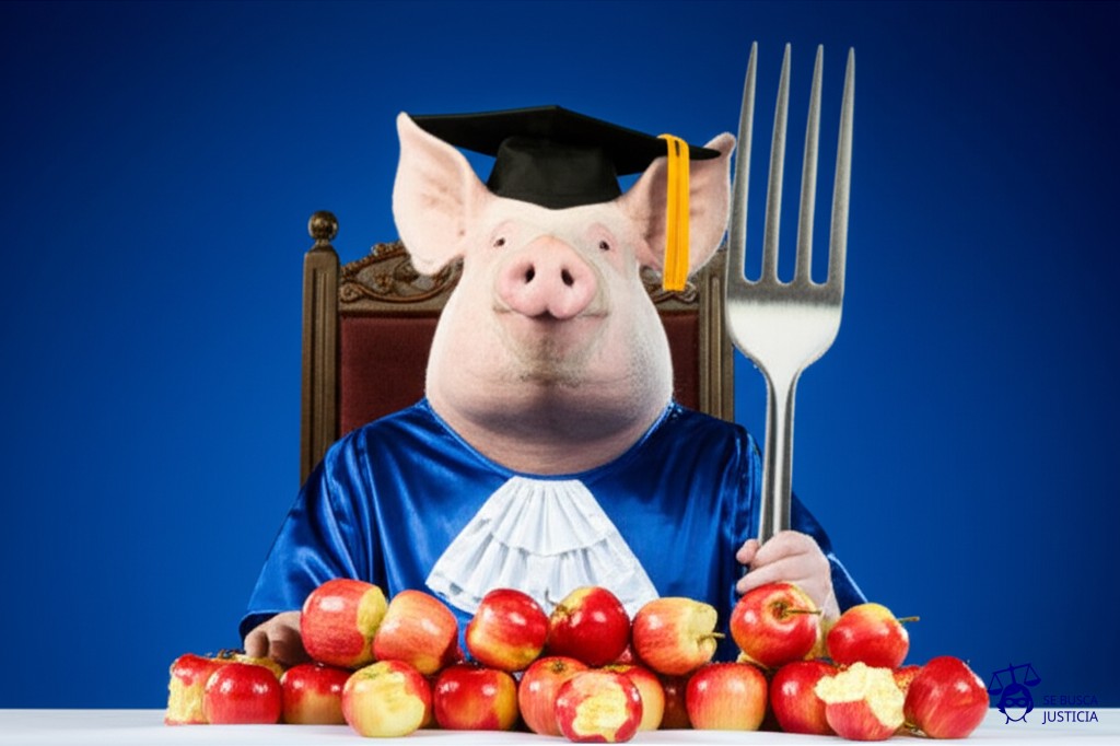 Un cerdo, con una toga y un birrete de graduado, sentado en una silla alta, con un tenedor gigante como cetro. Frente a él, una pila de manzanas mordisqueadas. Representa: El Juicio del Cerdo Asesino (1386 Falaise Francia)