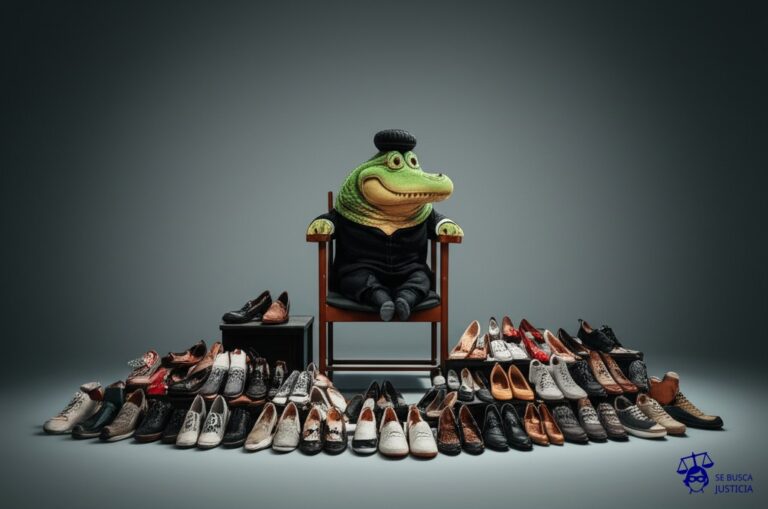 Un cocodrilo, con un sombrero de juez torcido, sentado en una silla alta. Delante de él, una pila desordenada de zapatos de diferentes tamaños y estilos. Representa: El Juicio del Cocodrilo Acusado de Asesinato (1890