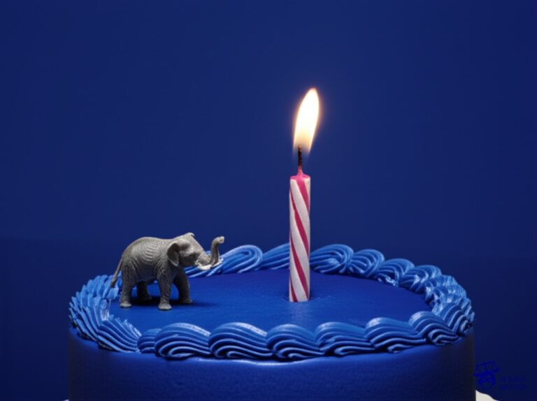 Un gran pastel de cumpleaños con una sola vela encendida, y encima del pastel, una pequeña figura de elefante. Representa: El Juicio del Elefante Condenado a Muerte (1916 Erwin Tennessee EE.UU.)