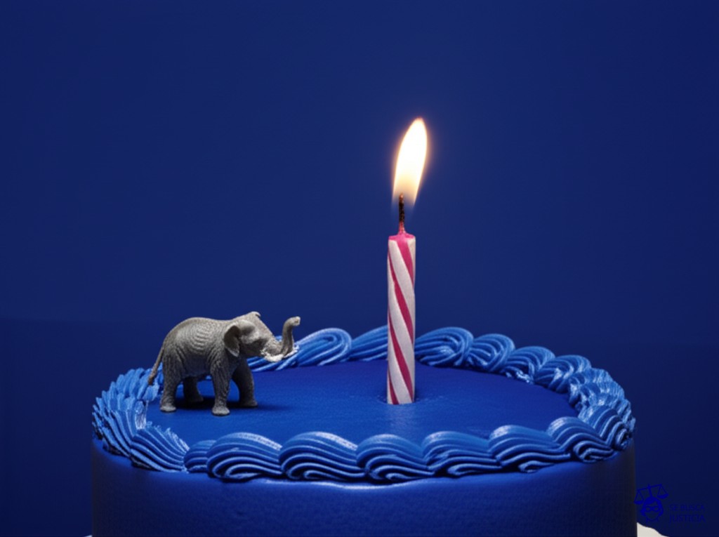 Un gran pastel de cumpleaños con una sola vela encendida, y encima del pastel, una pequeña figura de elefante. Representa: El Juicio del Elefante Condenado a Muerte (1916 Erwin Tennessee EE.UU.)