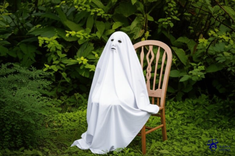 Un fantasma (forma simple y blanca) flotando sobre una silla vacía en un jardín (representado por formas verdes y exuberantes). El fantasma parece estar aburrido y bostezando. Representa: El Juicio del Fantasma de Zona Verde (1897 Virginia Occidental EE.UU.)
