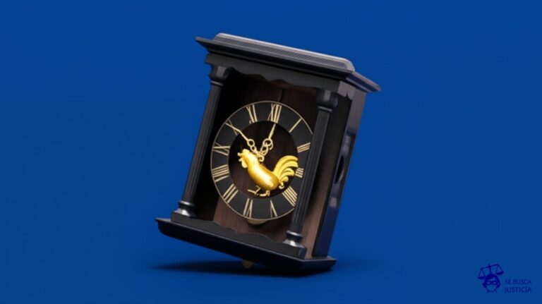 Un gran reloj de cuco, con un gallo de juguete dorado en el interior, que cada hora se asoma para cantar, pero en lugar de cantar, solo hace un gesto con la cabeza, como si asintiera con resignación. El reloj está inclinado a un lado, como si estuviera a punto de caerse. Representa: El Juicio del Gallo Condenado a Muerte (1474 Basilea Suiza)