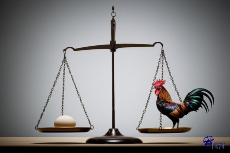 Un huevo, delicadamente posado sobre una balanza, con un gallo esquelético en el otro platillo, ambos en equilibrio inestable. Representa: El Juicio del Gallo Condenado a Muerte por Poner un Huevo (1474