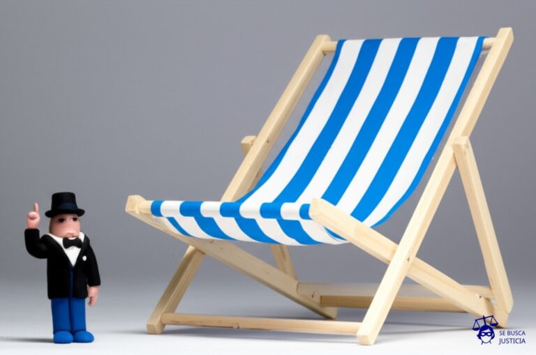 Un diminuto hombrecito, hecho de plastilina, con un diminuto gorro de abogado, parado frente a una gigantesca y vacía silla de playa. El hombrecito está levantando un dedo acusador. Representa: El Juicio del Hombre que Demandó a Dios por el Huracán Katrina (2006