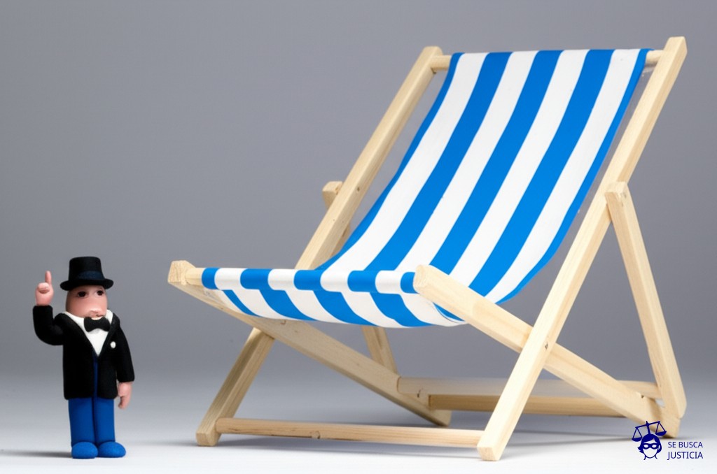 Un diminuto hombrecito, hecho de plastilina, con un diminuto gorro de abogado, parado frente a una gigantesca y vacía silla de playa. El hombrecito está levantando un dedo acusador. Representa: El Juicio del Hombre que Demandó a Dios por el Huracán Katrina (2006