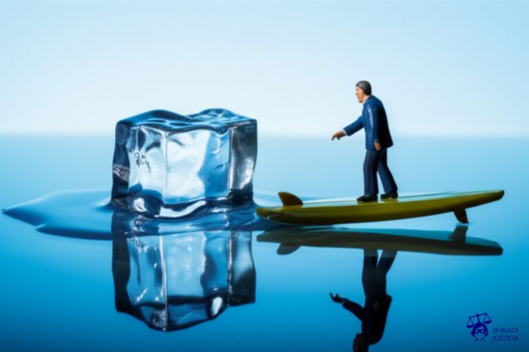 Un diminuto hombrecito de juguete, de pie sobre una tabla de surf destrozada, apuntando con un dedo acusador a un gran cubo de hielo que se está derritiendo rápidamente. Representa: El Juicio del Hombre que Demando a Dios por el Huracan Katrina (2006 EE.UU.)