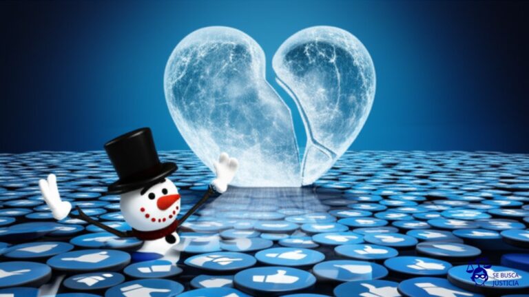 Un gran iceberg, con forma de corazón roto, se está derritiendo en un estanque de likes de Facebook flotantes. A un lado del iceberg, un pequeño y patético muñeco de nieve con un sombrero de copa, derritiéndose también, intenta desesperadamente agarrar uno de los likes. Representa: El Juicio del Hombre que Demandó a Facebook por Destruir su Matrimonio (2011