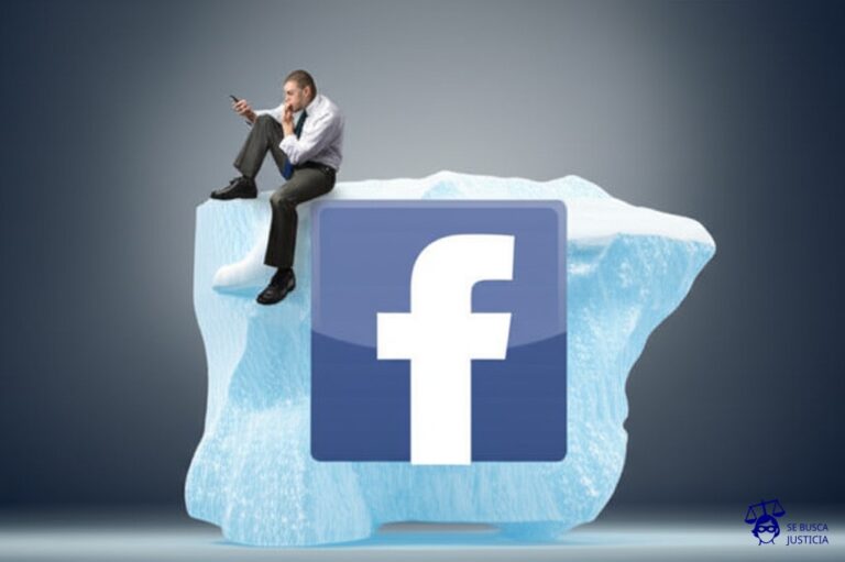 Un gran iceberg a punto de partirse, con una pequeña figura solitaria (un hombre) sentada en la cima de la parte más pequeña, sujetando desesperadamente un teléfono celular. La parte más grande, a punto de separarse, tiene la forma del logo de Facebook. Representa: El Juicio del Hombre que Demando a Facebook por Destruir su Matrimonio (2011 Italia)