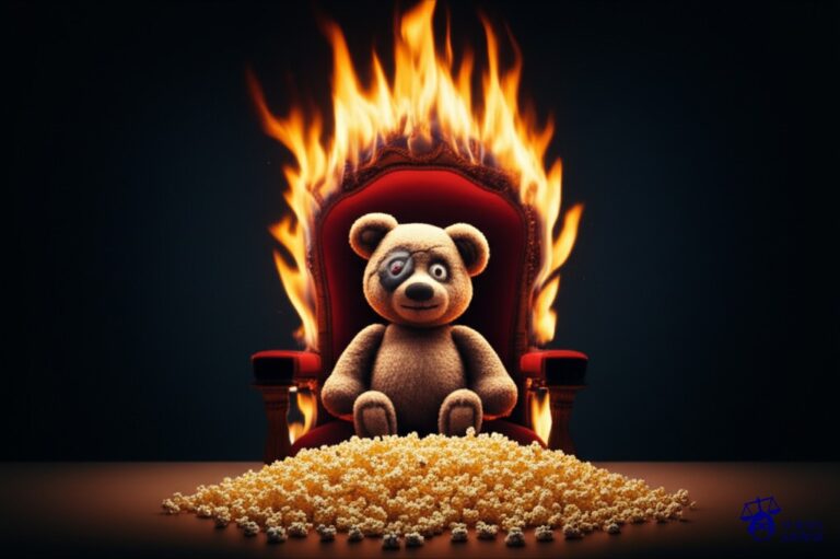 Un pequeño oso de peluche, visiblemente dañado y con un parche en un ojo, sentado en una silla de juez gigante. Frente a él, una gran pila de palomitas de maíz ardiendo. Representa: El Juicio del Hombre que Demandó a Hollywood por Maltratar a un Oso (1980