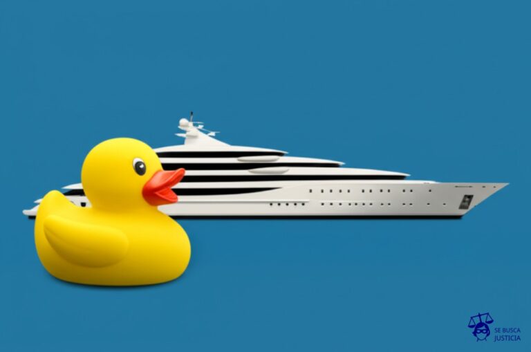 Un diminuto y solitario patito de hule frente a un gigantesco y brillante yate. Representa: El Juicio del Hombre que Demandó a la Reina de Inglaterra por una Invasión (2013