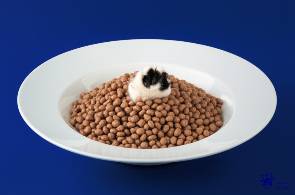 Un gran plato de comida para gatos, perfectamente servido, con una pequeña garra de gato clavada en el centro. Representa: El Juicio del Hombre que Demandó a su Gato por Arañarlo (2015