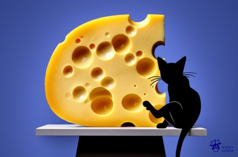 Un gran trozo de queso suizo (con muchos agujeros) en un pedestal, con un pequeño gato (de silueta estilizada) sentado a sus pies, rascándose una pata con evidente indiferencia. Representa: El Juicio del Hombre que Demando a su Gato por Arañarlo (2015 EE.UU.)