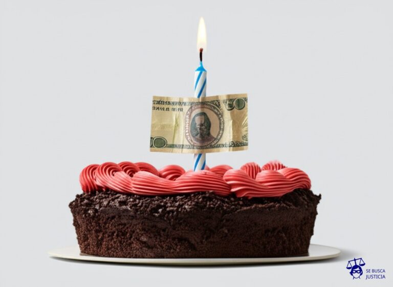 Un gran pastel de cumpleaños con una sola vela encendida, en el cual, en lugar de una figura decorativa, se encuentra un billete de lotería arrugado. Representa: El Juicio del Hombre que Demando a su Hijo por un Premio de Loteria (2012 EE.UU.)