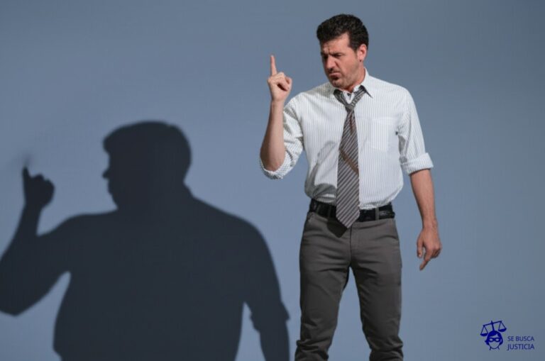 Un hombre, con una gran sombra alargada proyectada sobre una pared. El hombre está señalando acusadoramente su propia sombra, con una expresión de enfado y frustración exageradas. Representa: El Juicio del Hombre que Demando a su Sombra (2016 EE.UU.)