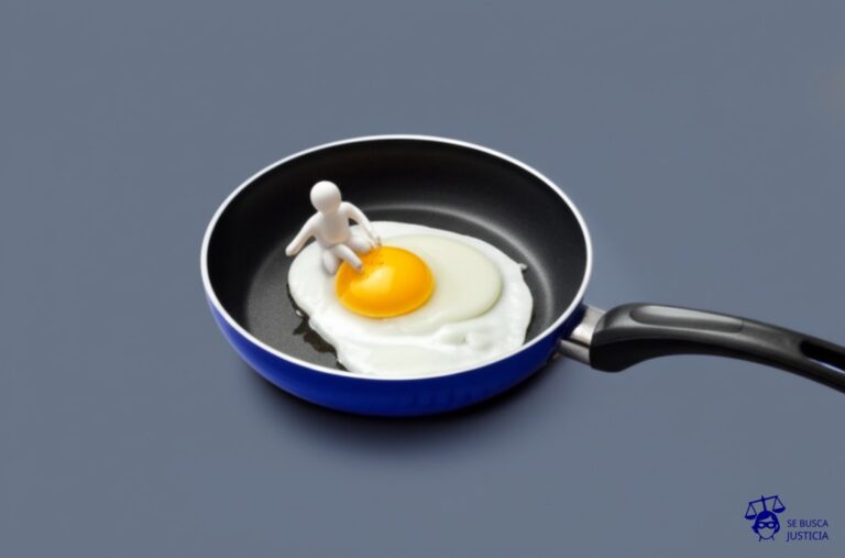 Un huevo roto en una sartén, con una pequeña figura humana (un palito) intentando salir de la sartén. Representa: El Juicio del Hombre que Demandó a sus Padres por Nacer (2019