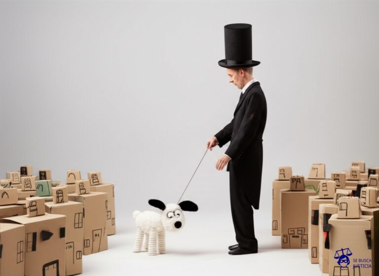 Un hombre (representado por un sombrero de copa exageradamente alto y delgado) intentando atar con una cuerda invisible a un pequeño y sonriente perro (representado por una bola de pelo con orejas grandes), mientras alrededor, una multitud de casas (representadas por cajas de cartón con chimeneas pequeñas) lo observan con miradas de desaprobación. Representa: El Juicio del Hombre que Demandó a sus Vecinos por los Ladridos de un Perro (2008