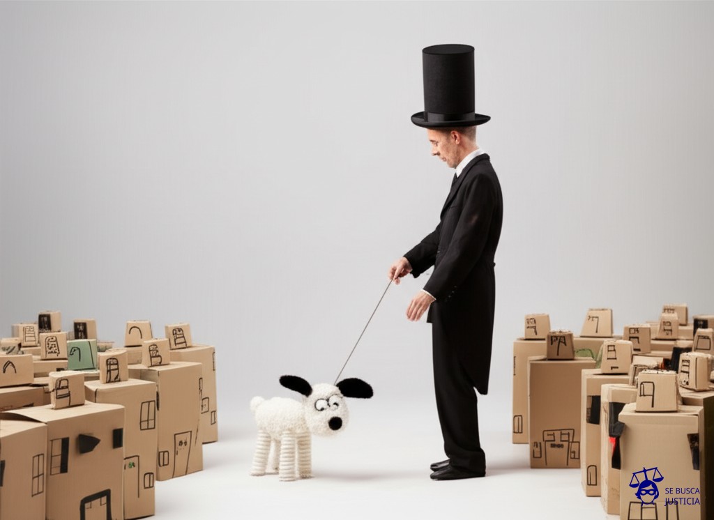 Un hombre (representado por un sombrero de copa exageradamente alto y delgado) intentando atar con una cuerda invisible a un pequeño y sonriente perro (representado por una bola de pelo con orejas grandes), mientras alrededor, una multitud de casas (representadas por cajas de cartón con chimeneas pequeñas) lo observan con miradas de desaprobación. Representa: El Juicio del Hombre que Demandó a sus Vecinos por los Ladridos de un Perro (2008