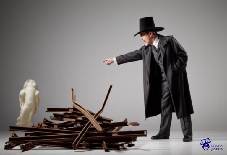 Un hombre, con un sombrero de ala ancha y un abrigo largo, de pie con una expresión indignada, apuntando acusadoramente a una pila de rieles oxidados y retorcidos. A un lado, una pequeña forma abstracta y amorfa, ligeramente aplastada. Representa: El Juicio del Hombre que Demandó a un Tren por Atropellar a su Vaca (1890