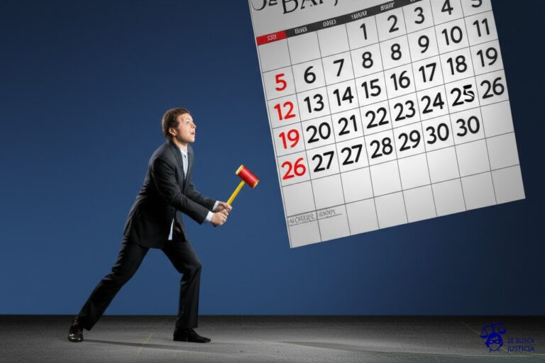 Un hombre diminuto, con gesto de frustración, intentando golpear a un calendario gigante e inalcanzable con un martillo de juguete. Representa: El Juicio del Hombre que Demando al Calendario (2011 India)