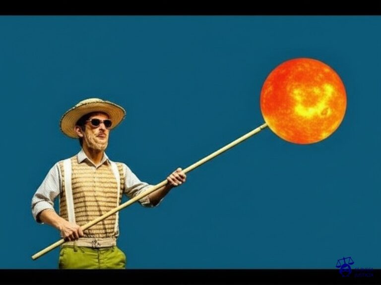 Un hombre pequeño, con gafas de sol y un sombrero de paja, está intentando, inútilmente, alcanzar una gran bola de fuego (el sol) con un palo de escoba. Representa: El Juicio del Hombre que Demandó al Sol (1980