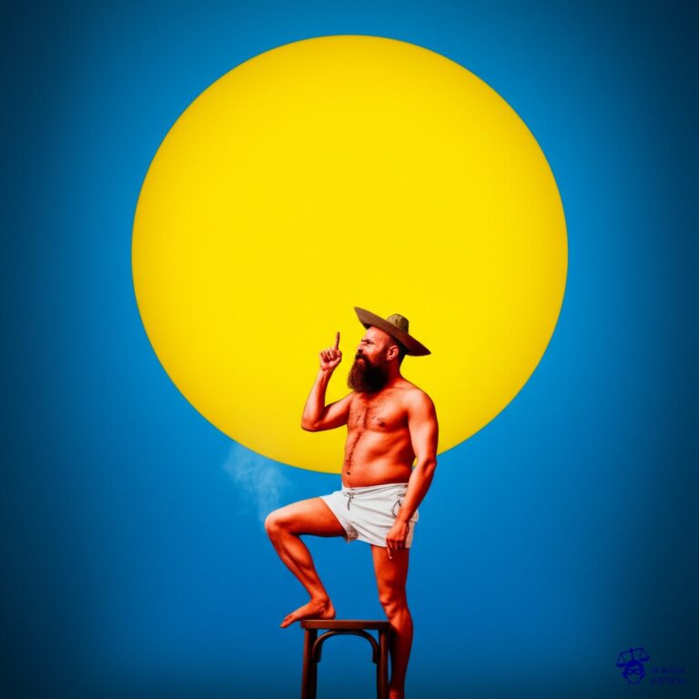 Un hombre pequeño, con sombrero de ala, de pie sobre una silla, apuntando con un dedo acusador a un gran círculo amarillo brillante en el cielo. El hombre está completamente quemado por el sol y humeante. Representa: El Juicio del Hombre que Demando al Sol (1980 EE.UU.)