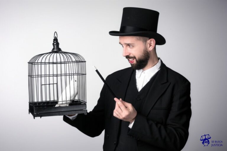 Un mago, con un sombrero de copa y una varita, está sacando una paloma... de una jaula vacía. Representa: El Juicio del Hombre que Demostró su Inocencia Usando Magia (1712