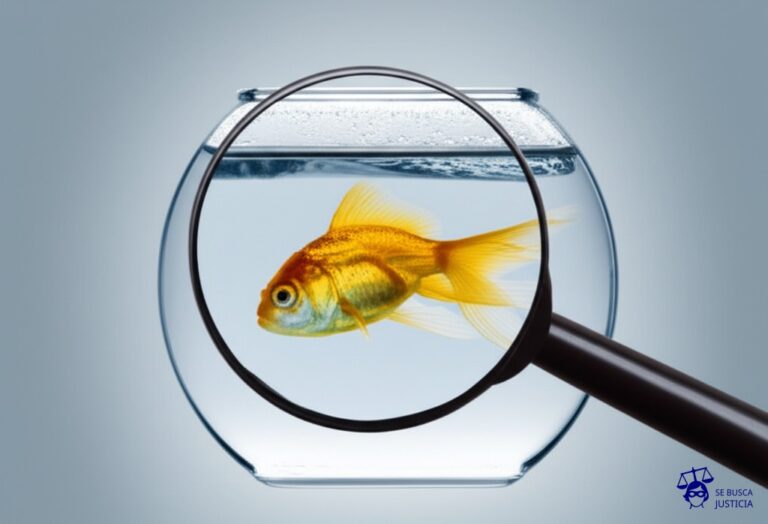 Un pequeño pez dorado, en una pecera diminuta, con una gran lupa apuntando directamente a su única escama. Representa: El Juicio del Hombre que Fue Demandado por Dejar un Mal Comentario Online (2014 EE.UU.)