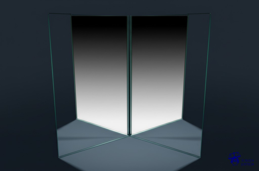 Un espejo roto reflejando un espejo roto. Representa: El Juicio del Hombre que Fue Demandado por su Propia Demanda (2015