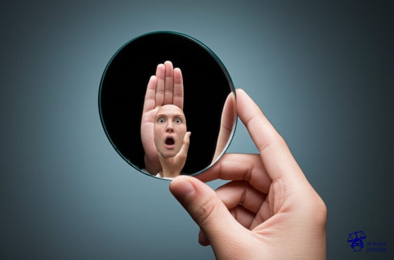 Una mano (representando al demandante) sosteniendo un espejo. En el reflejo del espejo, se ve la misma mano, pero con un gesto de sorpresa exagerada. Representa: El Juicio del Hombre que Fue Demandado por su Propia Demanda (2015 EE.UU. caso Curtis Gokey)