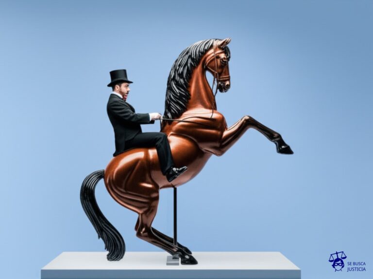 Un hombre con sombrero de copa, elegantemente vestido, intentando ensillar un gran balancín con forma de caballo. El balancín se balancea violentamente, a punto de volcar al hombre. Representa: El Juicio del Hombre que Intento Casarse con un Caballo (1900 EE.UU.)