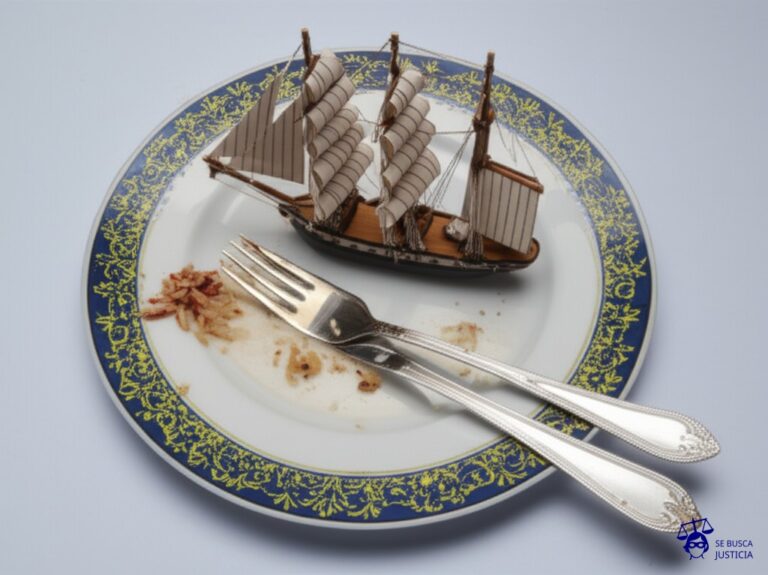 Un plato de porcelana finamente decorado, con restos de comida y cubiertos de plata, sobre el cual descansa un pequeño y elegante velero de juguete, partido por la mitad. Representa: El Juicio del Hombre que Robó un Barco y se Comió a su Tripulación (1884