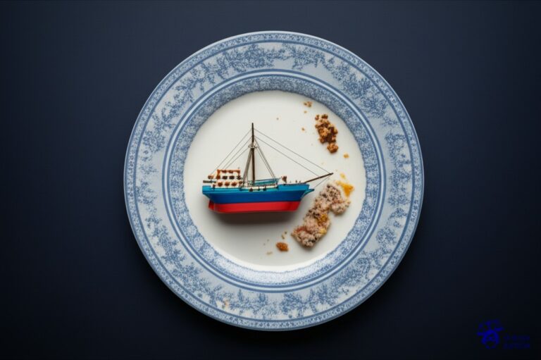 Un plato de porcelana finamente decorado, con restos de comida y un pequeño barco de juguete en el centro. Representa: El Juicio del Hombre que Robo un Barco y se Comio a su Tripulacion (1884 Reino Unido)
