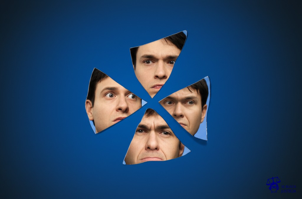 Un espejo roto en mil pedazos, cada uno reflejando una expresión de decepción y aburrimiento. Representa: El Juicio del Hombre que se Caso Consigo Mismo (2013 EE.UU.)