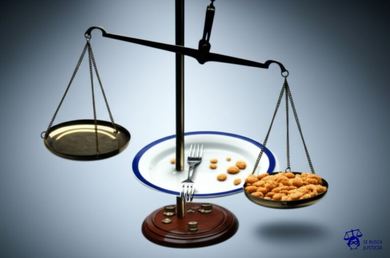 Un gran plato vacío con restos de migas y un tenedor torcido, junto a una balanza de justicia desequilibrada, con un lado completamente vacío y el otro cargado con un puñado de migas. Representa: El Juicio del Hombre que se Comio la Evidencia (2009 Florida EE.UU.)