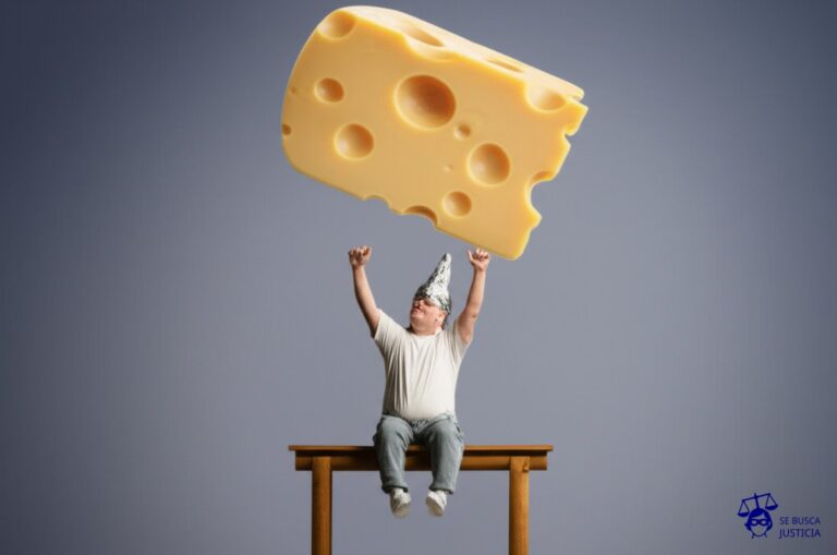 Un pequeño hombrecito con un gorro de papel de aluminio, sentado en un banquillo de madera, intentando alcanzar una luna gigante hecha de queso suizo, con agujeros que lo miran fijamente. Representa: El Juicio del Hombre que se Declaró Dueño de la Luna y la Demandó (2004