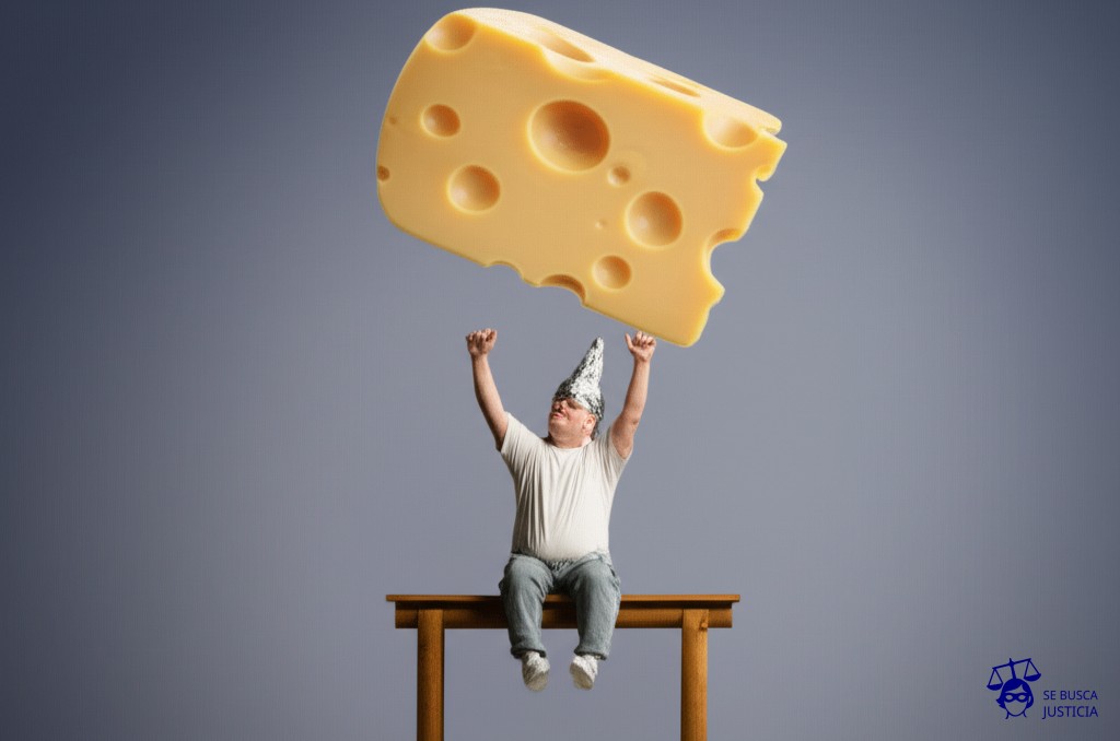 Un pequeño hombrecito con un gorro de papel de aluminio, sentado en un banquillo de madera, intentando alcanzar una luna gigante hecha de queso suizo, con agujeros que lo miran fijamente. Representa: El Juicio del Hombre que se Declaró Dueño de la Luna y la Demandó (2004