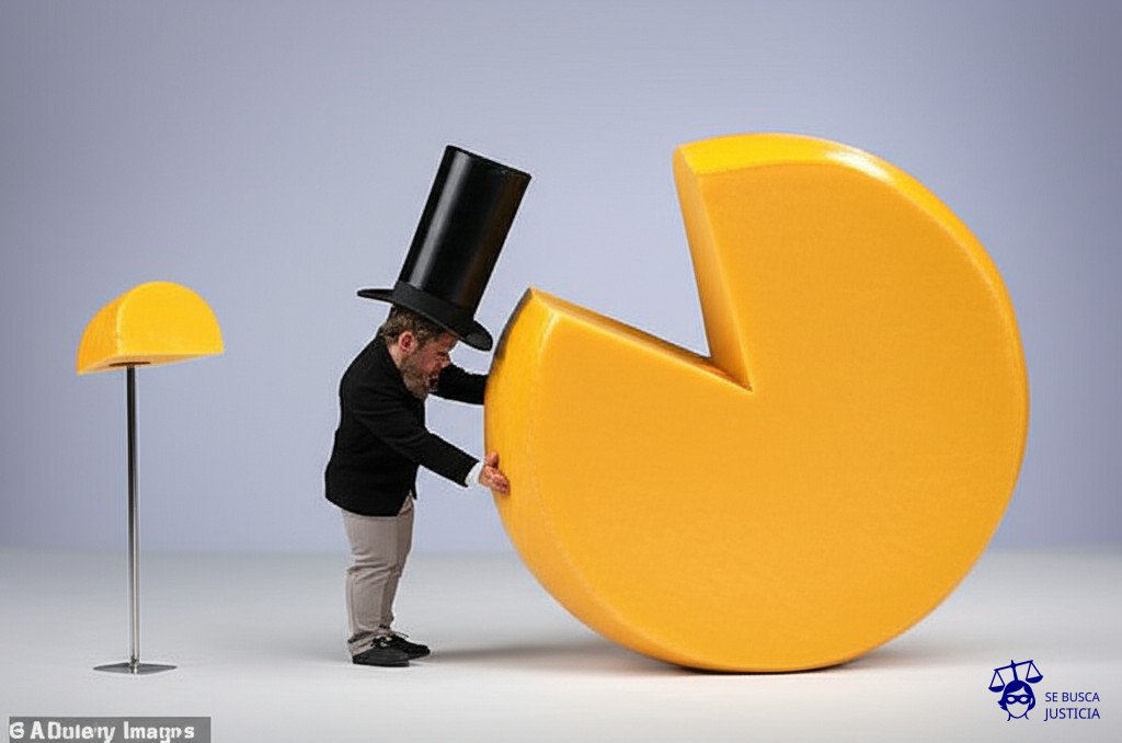 Un hombre diminuto, con un sombrero de copa ridículamente grande, intenta clavar una estaca en un queso redondo gigante. Se esfuerza, sudando, pero la estaca se dobla y se rompe al contacto. Representa: El Juicio del Hombre que se Declaro Dueño de la Luna y la Demando (2004 España)