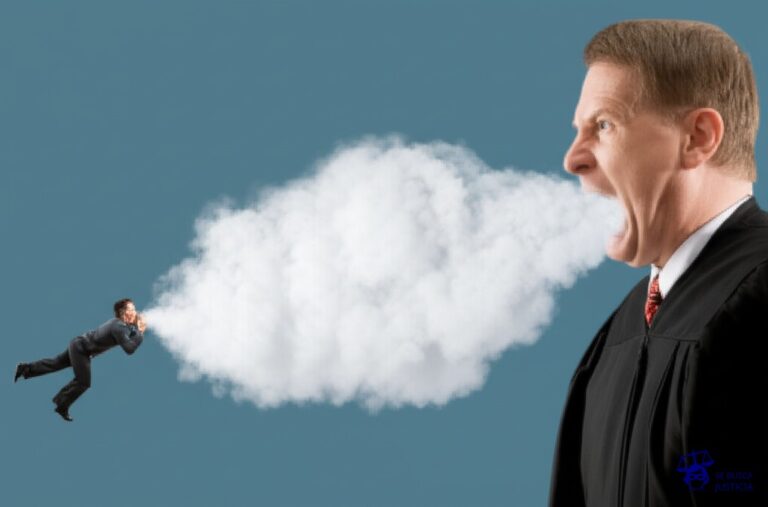 Un hombrecito diminuto, con una expresión de sorpresa, siendo lanzado hacia atrás por una enorme bocanada de aire visible (como una nube blanca y esponjosa), que sale de la boca de una figura gigante con forma de toga. Representa: El Juicio del Hombre que se Defendió con un Ataque de Estornudos (2014