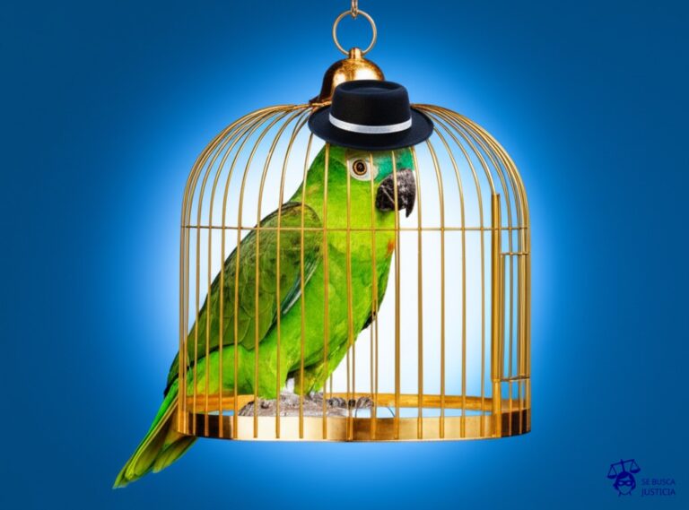 Un loro verde con un sombrero de detective (típico) posado sobre una jaula dorada, con una gran mancha oscura (sugiriendo algo fuera de lugar) en el suelo de la jaula. Representa: El Juicio del Loro Testigo de un Asesinato (2017 Michigan EE.UU.)