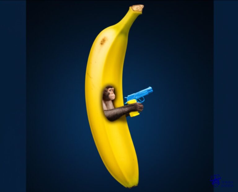 Un plátano gigante, con una pequeña abertura en el centro, en la que se asoma la mano de un mono con una pequeña pistola de juguete. Representa: El Juicio del Mono que Intentó Asaltar un Banco (1980