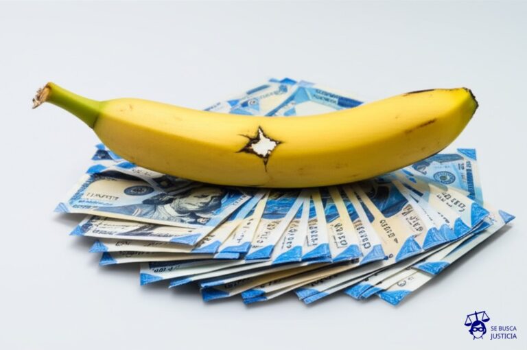 Un plátano arrugado, con un agujero de bala en la cáscara, tirado en el suelo junto a una pila de billetes de banco desordenados. Representa: El Juicio del Mono que Intento Asaltar un Banco (1980 India)