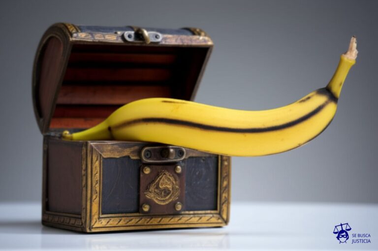 Un plátano pelado, con una fina línea negra de hollín en la cáscara, intentando entrar a un cofre del tesoro. Representa: El Juicio del Mono que Intento Asaltar una Banco (1980 India)