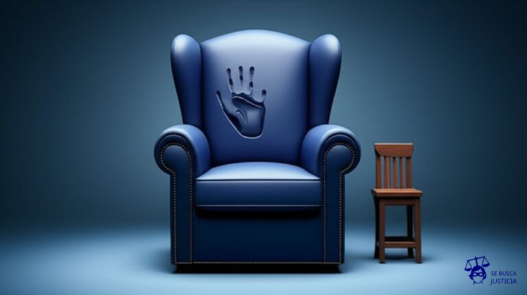 Un sillón vacío con una marca de manos visible en el respaldo, frente a una silla alta de juez. Representa: El Juicio del Muñeco Poseído (1975