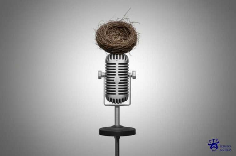 Un micrófono oxidado y en silencio, con un nido vacío y desordenado encima. Representa: El Juicio del Pájaro Ruiseñor que No Cantó (1951