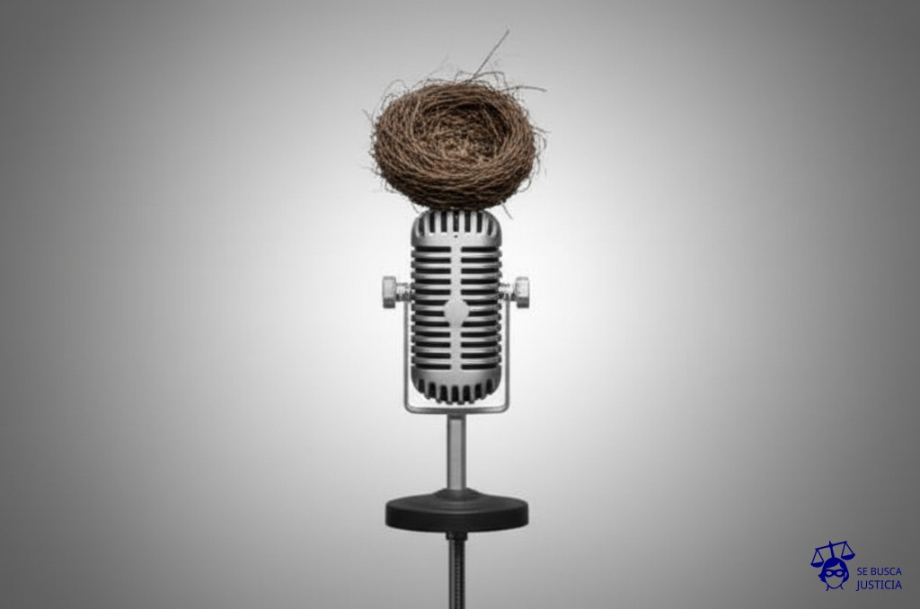 Un micrófono oxidado y en silencio, con un nido vacío y desordenado encima. Representa: El Juicio del Pájaro Ruiseñor que No Cantó (1951