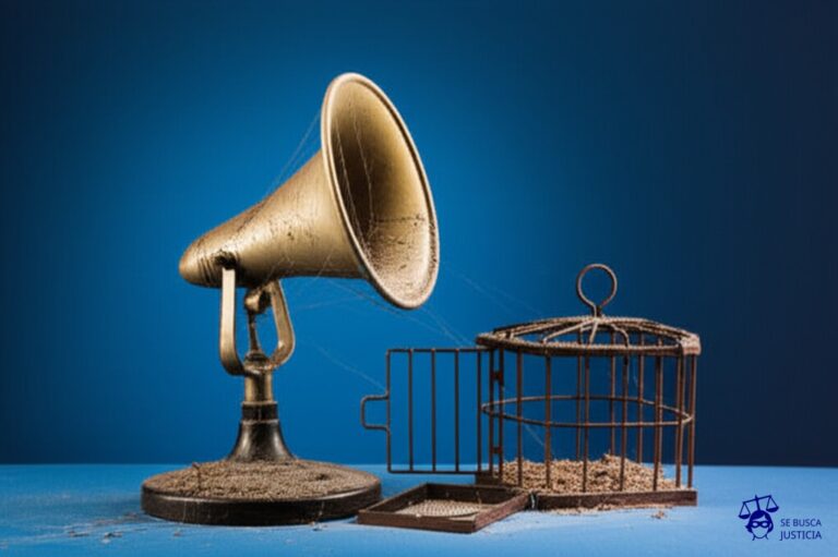 Un micrófono antiguo, grande y ornamentado, cubierto por una gruesa capa de polvo y telarañas. A su lado, una jaula vacía y oxidada, con la puerta abierta. Representa: El Juicio del Pajaro Ruiseñor que No Canto (1951 Inglaterra)