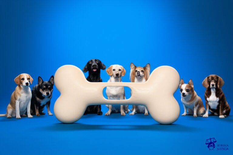 Un hueso gigante, con un agujero en el centro, siendo observado atentamente por una fila de perros de diferentes razas, todos con expresiones de juicio y expectación. Representa: El Juicio del Perro Testigo (1987 EE.UU.)