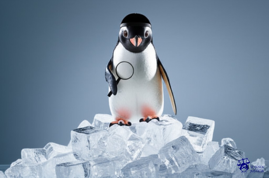 Un pingüino con un gorro de abogado, de pie sobre una pila inestable de cubitos de hielo a punto de derrumbarse. El pingüino sostiene una lupa mirando fijamente al espectador. Representa: El Juicio del Pinguino Testigo (1987 EE.UU. una broma de un abogado)